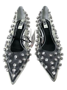 NWT ZARA Clear Vinyl Rhinestone Embellishments Pointed Toe Kitten Heels 37